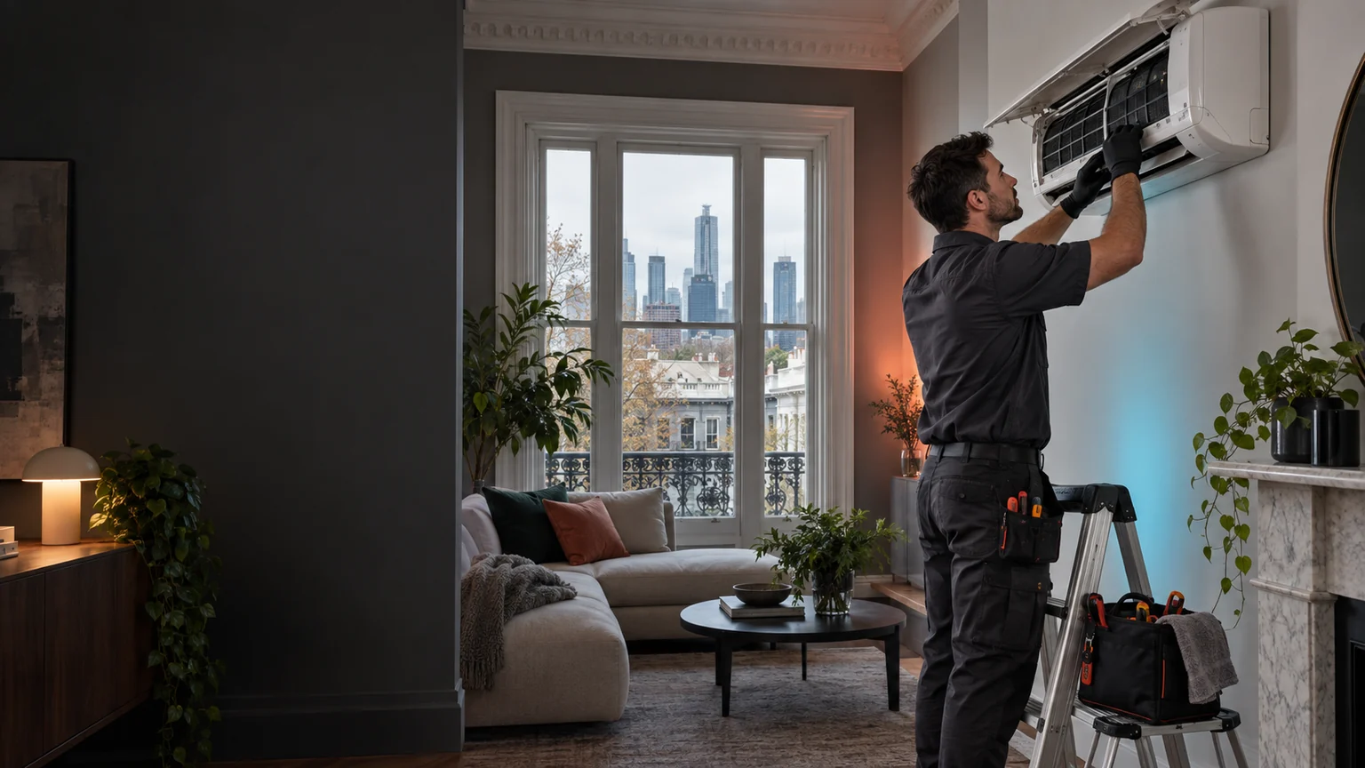 Original photograph of an unbranded technician servicing a split system in a Melbourne interior